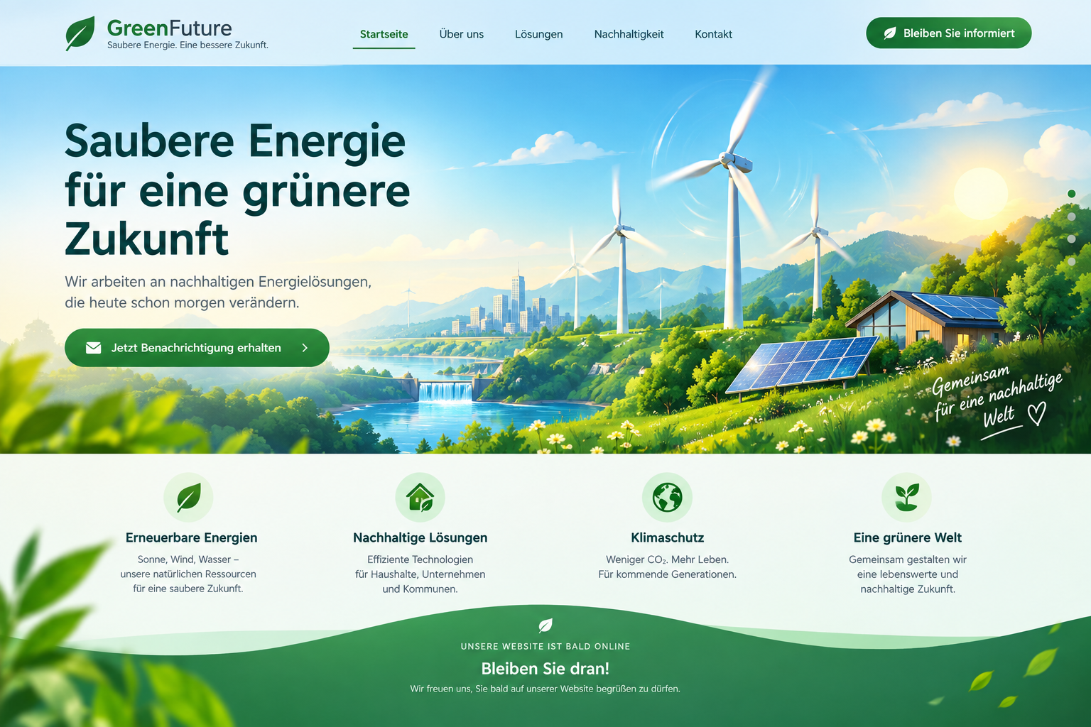 Landschaft mit Windrädern, Solaranlagen und Wasserkraft